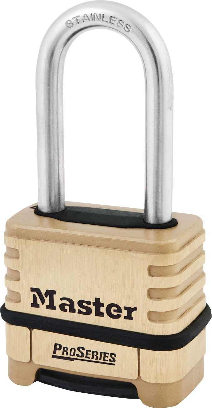 Master Lock 1175LHSS ProSeries lock body showing corrosion-resistant brass design for outdoor use.