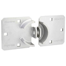 Master Lock chrome hasp lock installed on a metal door for outdoor security.