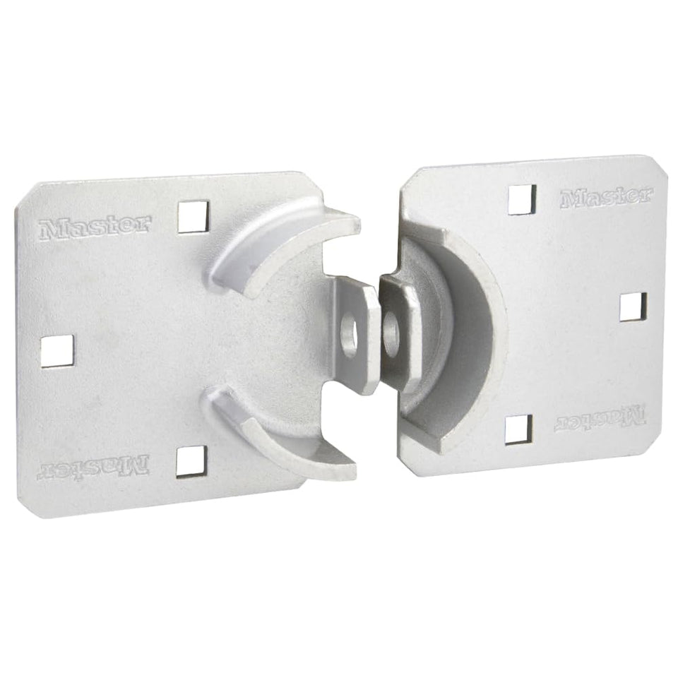 Master Lock chrome hasp lock installed on a metal door for outdoor security.