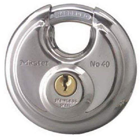 Master Lock 40T discus padlock with hardened shackle for increased security.
