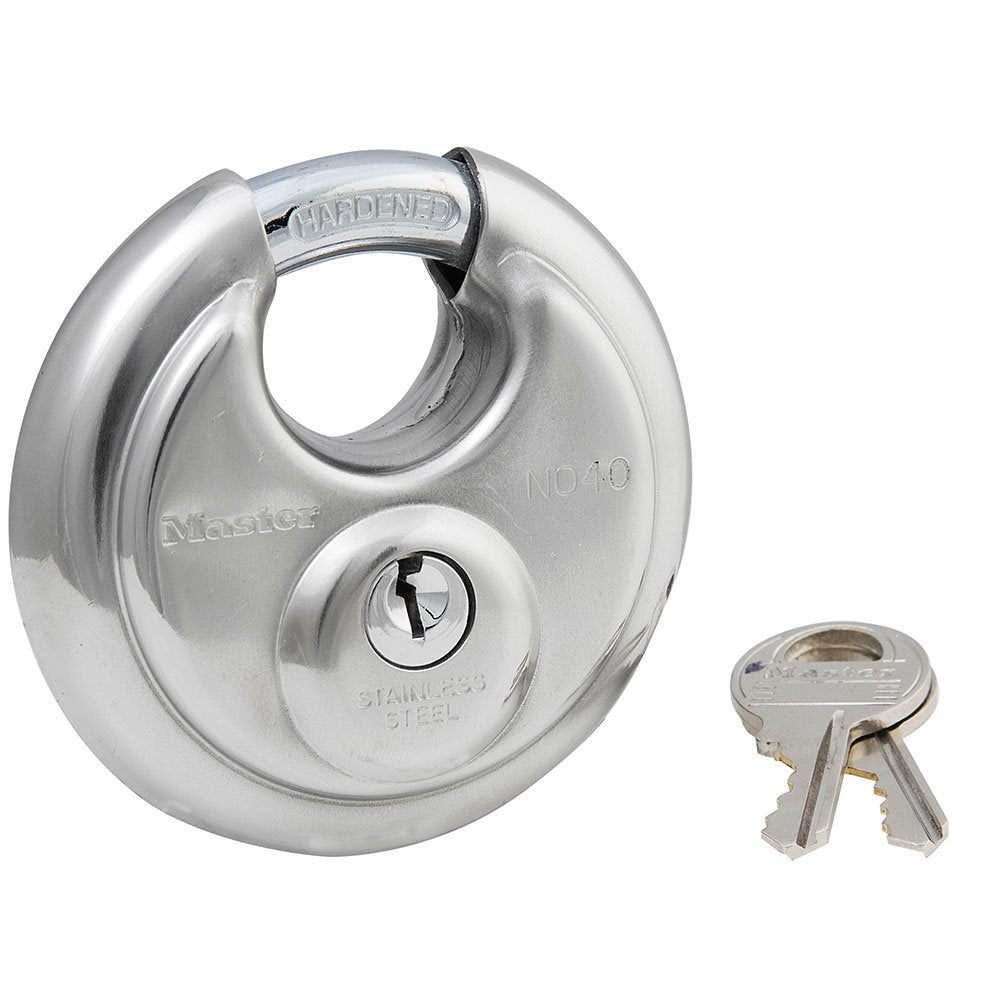 Master Lock 40T discus padlock with shielded shackle for bolt cutter protection.