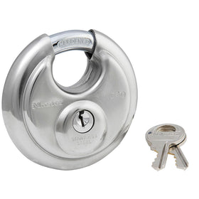 Master Lock 40T discus padlock with shielded shackle for bolt cutter protection.