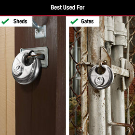 Master Lock 70 mm wide body provides sturdy protection for garages and sheds.