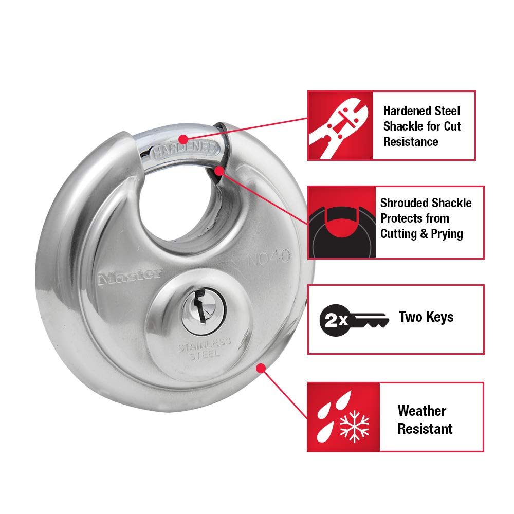 Master Lock discus padlock shackle protected by shrouded design minimizes exposure to cutting tools.