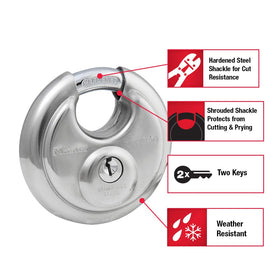 Master Lock discus padlock shackle protected by shrouded design minimizes exposure to cutting tools.