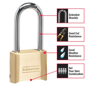 Master Lock hardened steel shackle protects the padlock against cutting attempts.