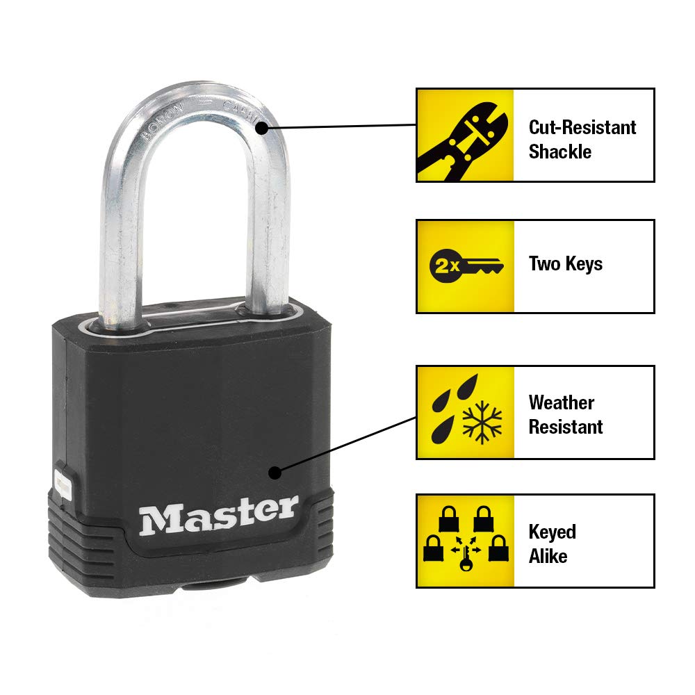Master Lock M115XQLF boron-carbide shackle close-up shows cut resistance.