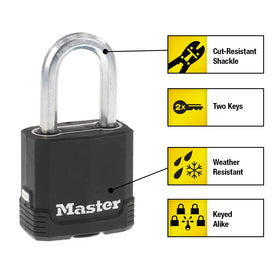 Master Lock M115XQLF boron-carbide shackle close-up shows cut resistance.