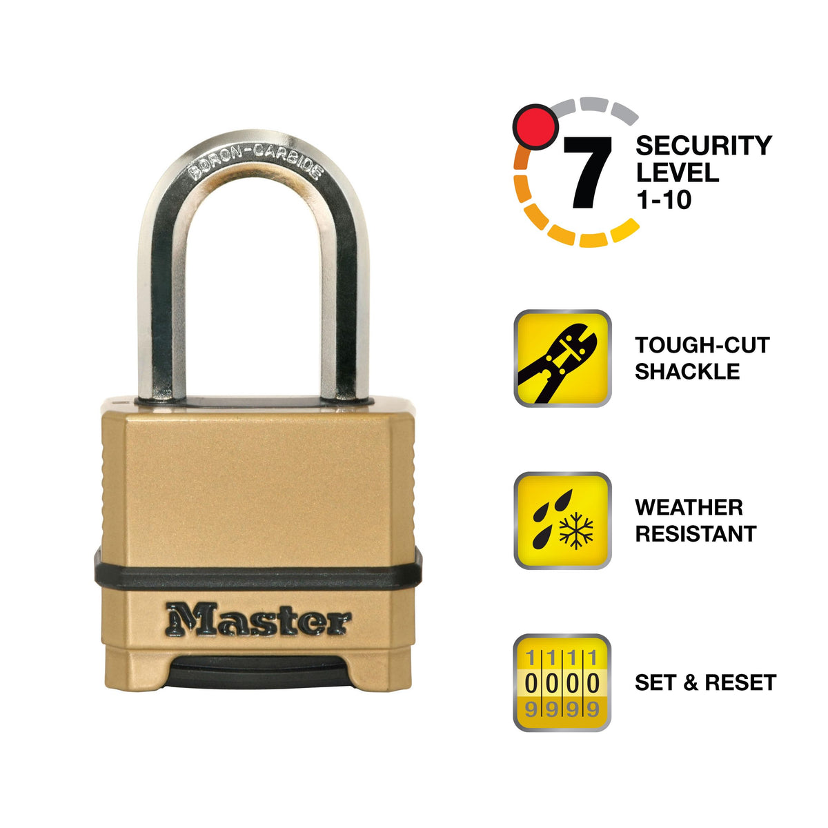 Master Lock M175LFEC2 boron-carbide shackle closeup emphasizing cut resistance