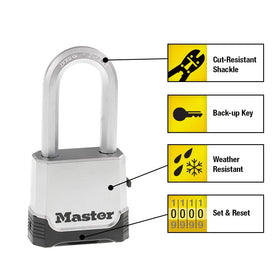 Master Lock M176XDLH boron carbide shackle provides cut resistance for long lasting protection.