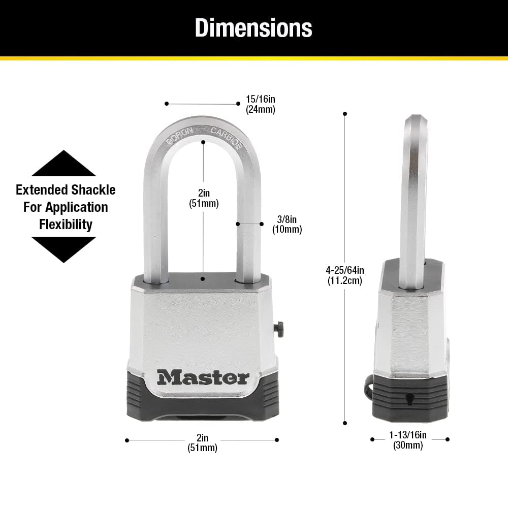 Master Lock M176XDLH extended shackle allows flexible outdoor mounting options.