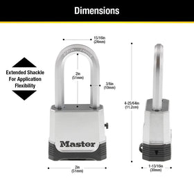 Master Lock M176XDLH extended shackle allows flexible outdoor mounting options.