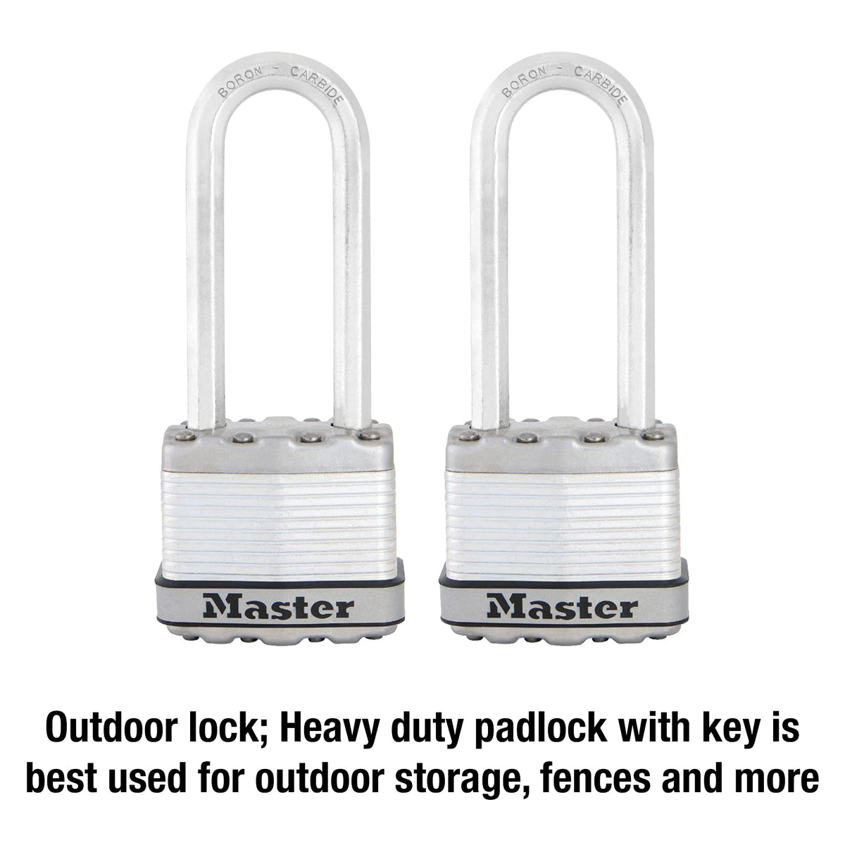 Master Lock M1XTLJ boron-carbide shackle close-up emphasizing heavy-duty cut resistance.