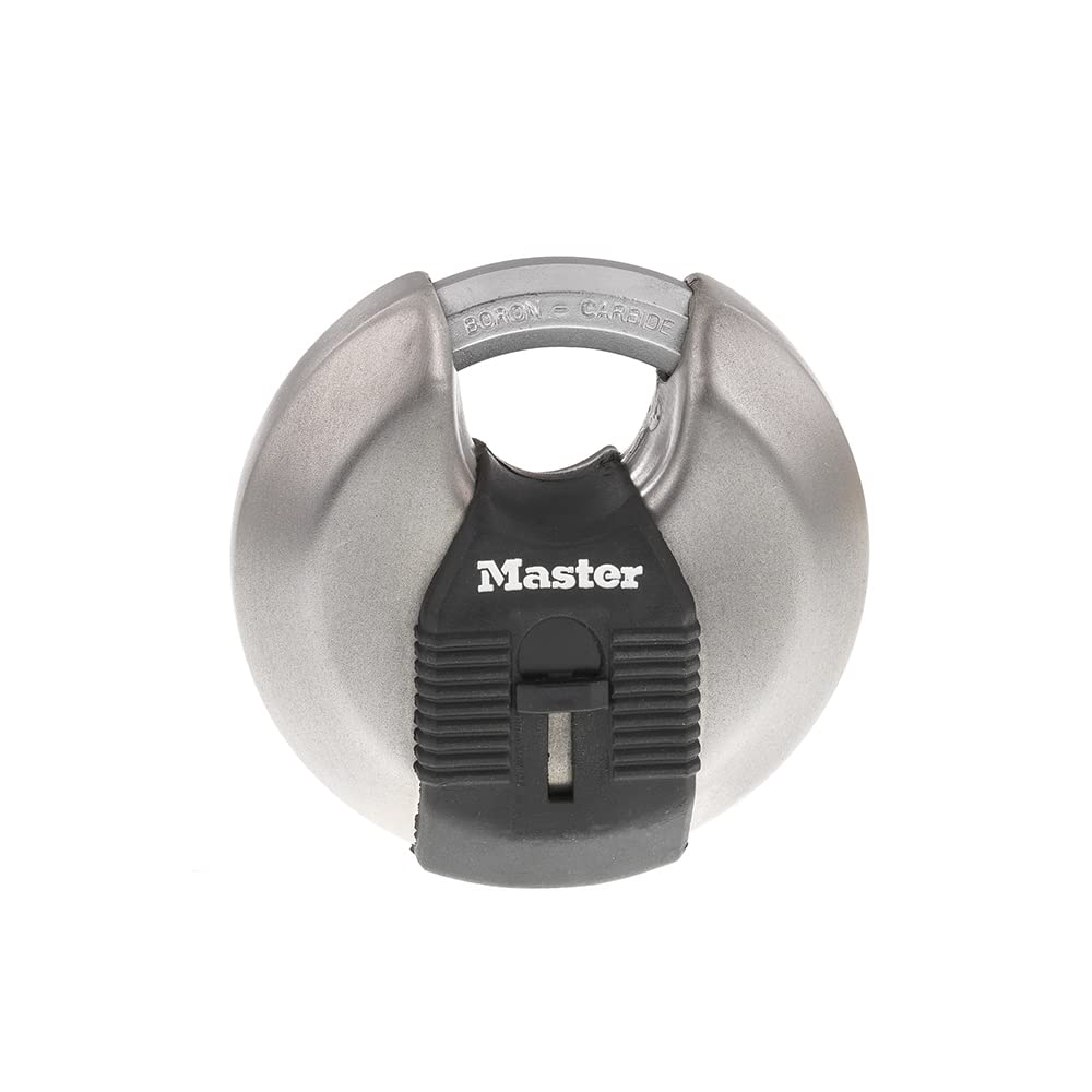 Master Lock M50XD discus padlock body, rugged stainless steel for durable outdoor security.