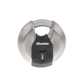 Master Lock M50XD discus padlock body, rugged stainless steel for durable outdoor security.