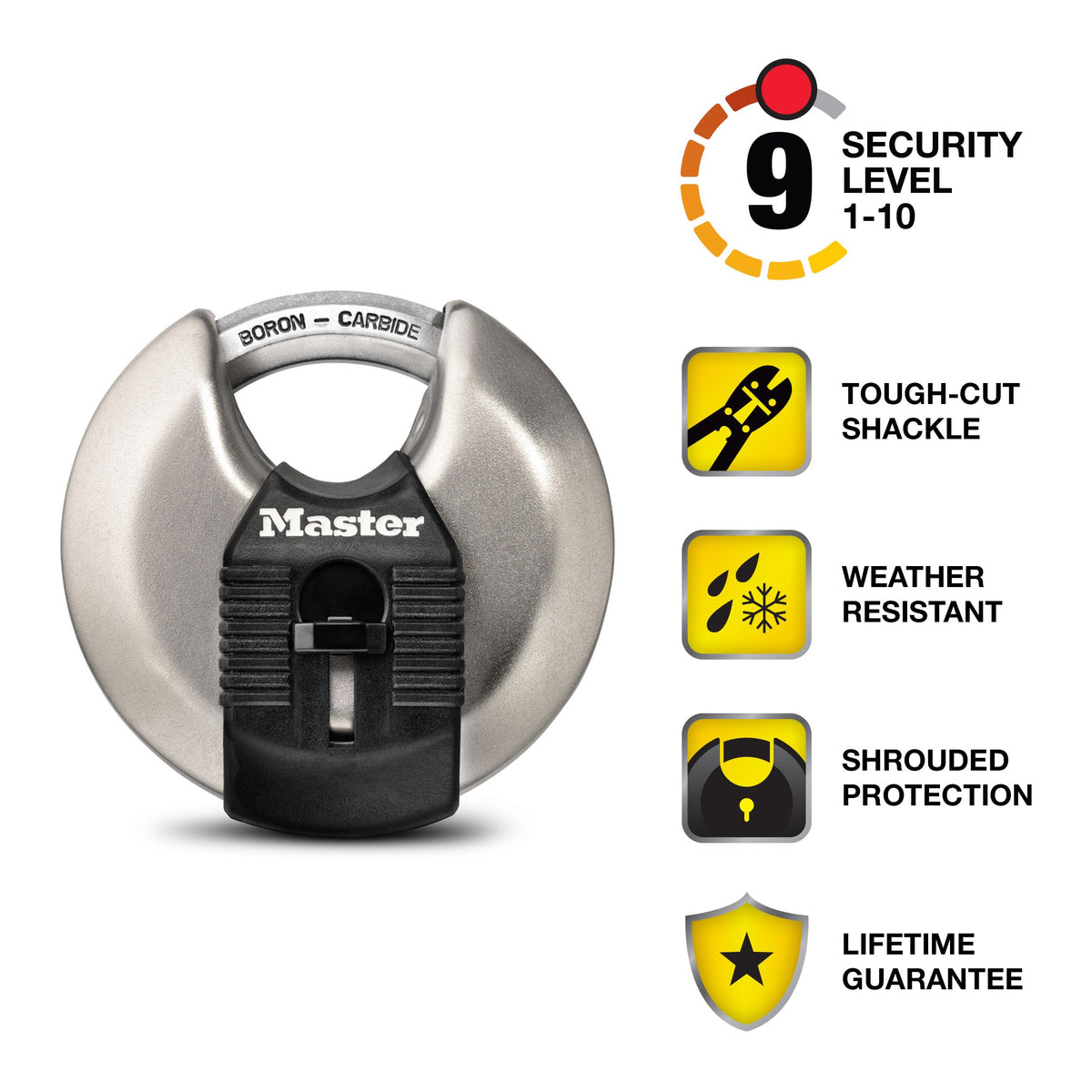 Master Lock M50XD discus padlock shackle, boron-carbide strength deters cutting attempts.