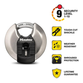 Master Lock M50XD discus padlock shackle, boron-carbide strength deters cutting attempts.