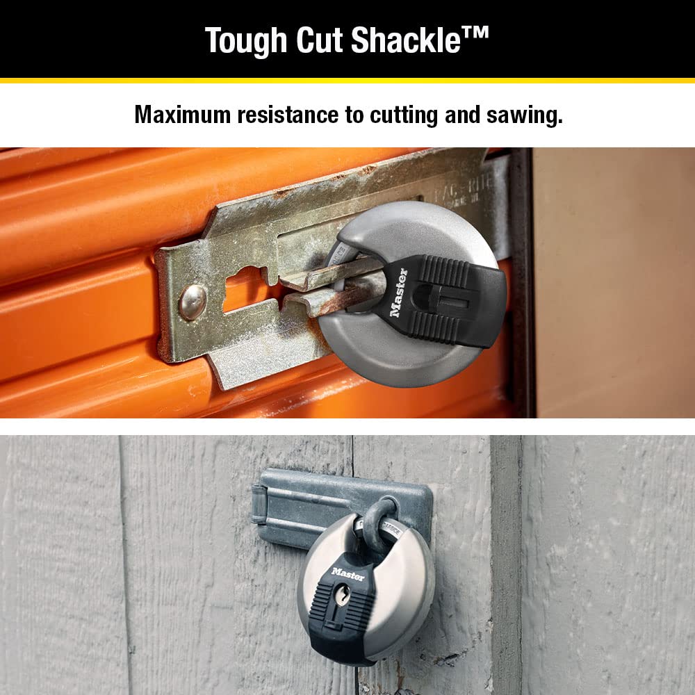 Master Lock M50XD shrouded design protects the shackle from bolt cutters.