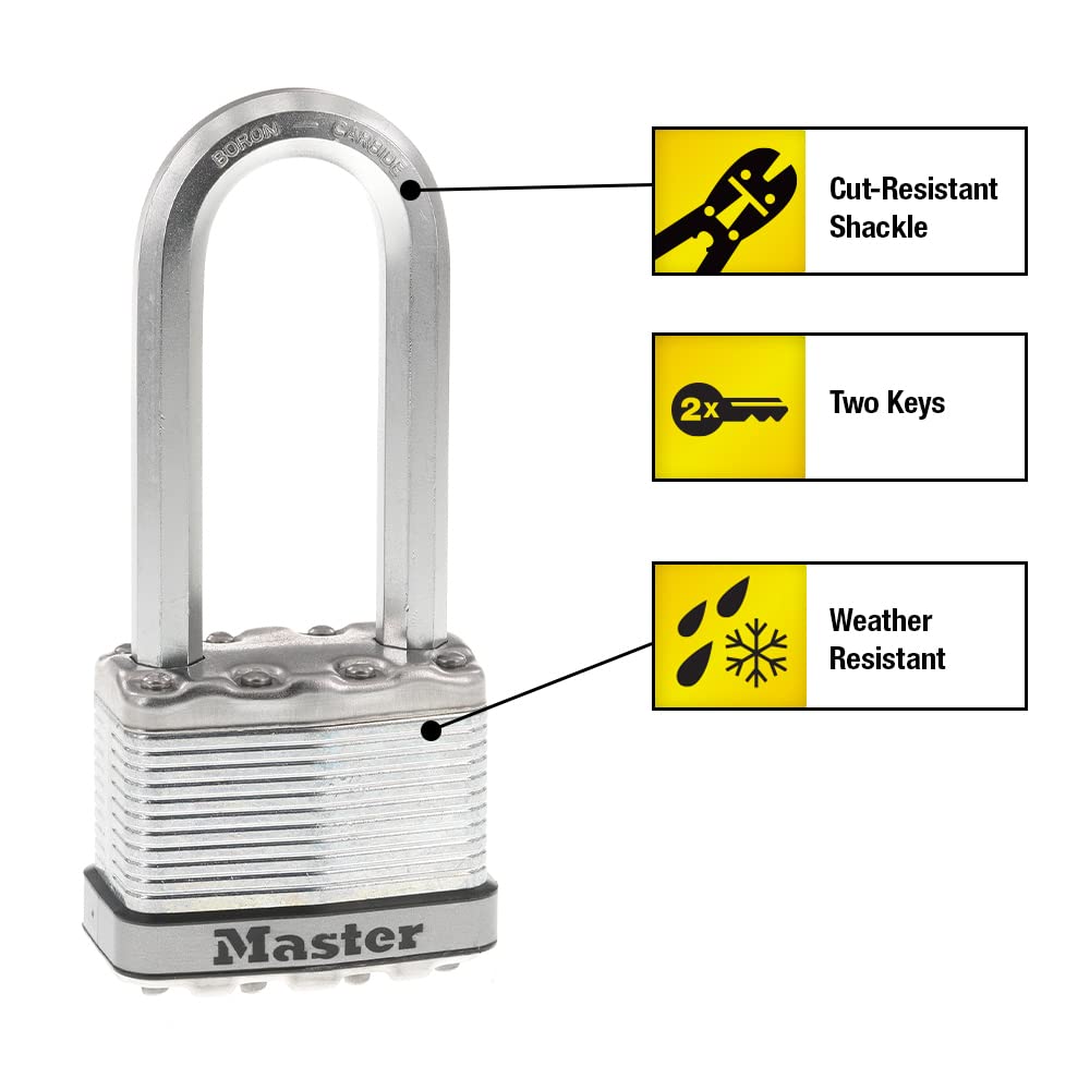 Master Lock M5XQLJ Tough-Cut boron-carbide shackle for high cut resistance.