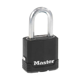 Master Lock Magnum padlock body showing rugged laminated steel for outdoor durability