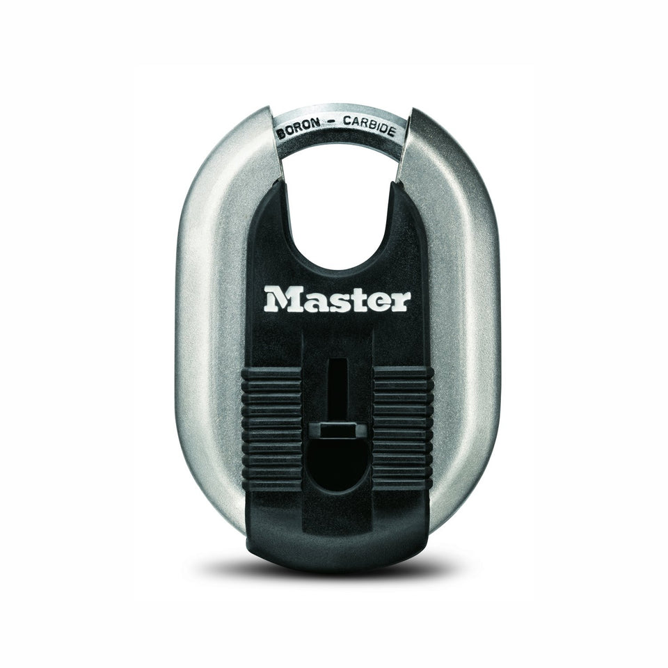 Master Lock Magnum padlock with hardened shackle for outdoor security.