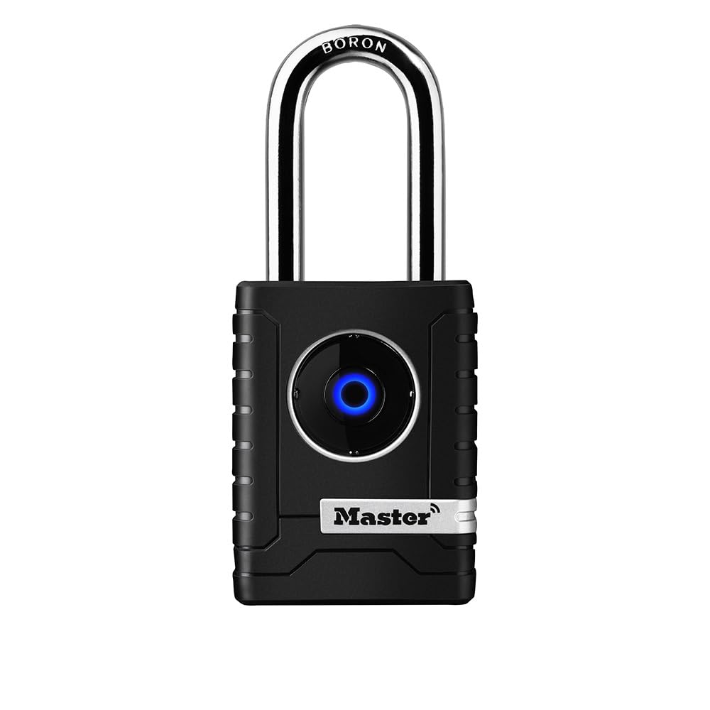 Master Lock outdoor Bluetooth padlock front view showing a sturdy metal body for secure access