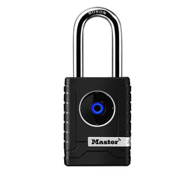 Master Lock outdoor Bluetooth padlock front view showing a sturdy metal body for secure access
