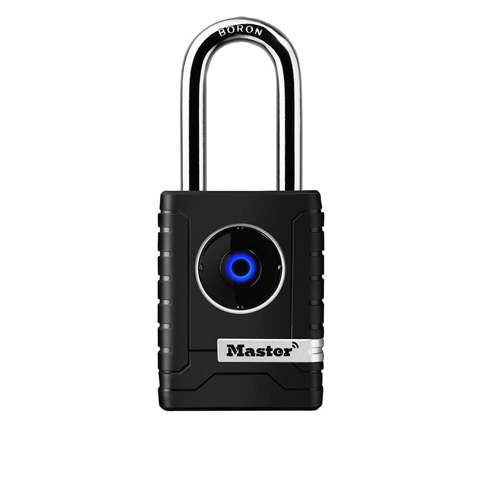 Master Lock outdoor Bluetooth padlock front view showing a sturdy metal body for secure access