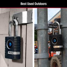 Master Lock shackle closeup highlights boron steel and anti-shim design for strength