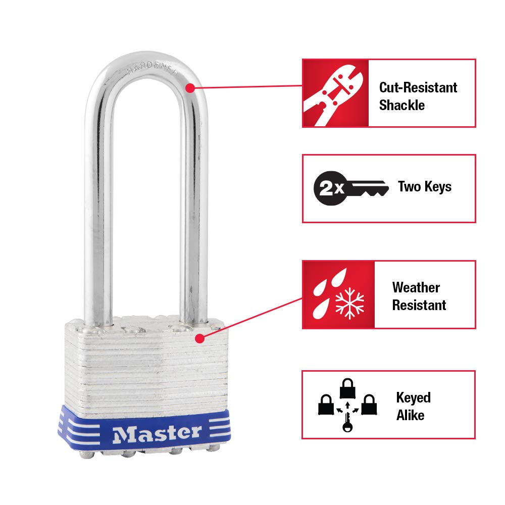 Master Lock outdoor padlock on a gate demonstrates weather-ready protection