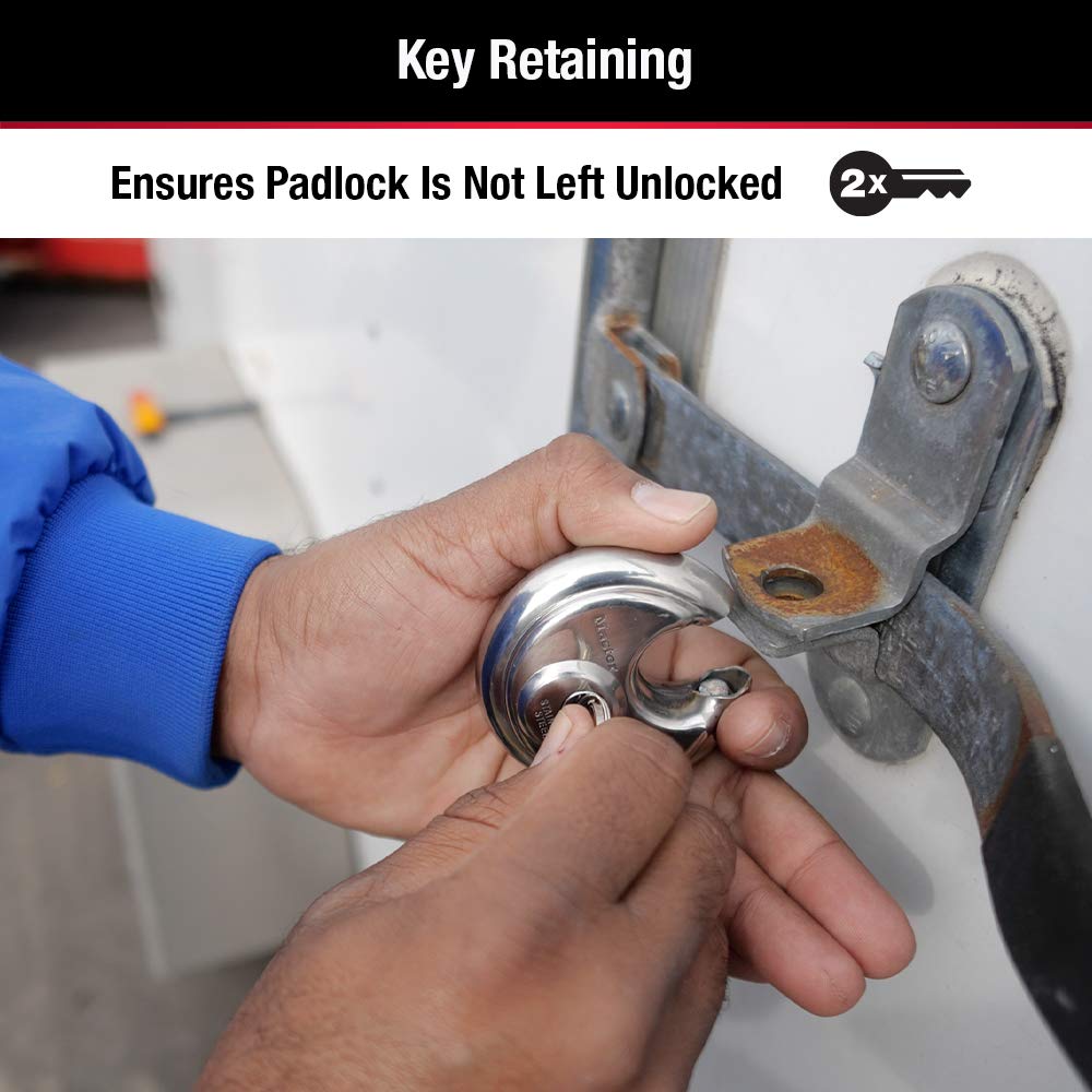 Master Lock padlock in use for outdoor storage and securing sheds, garages or trailers.