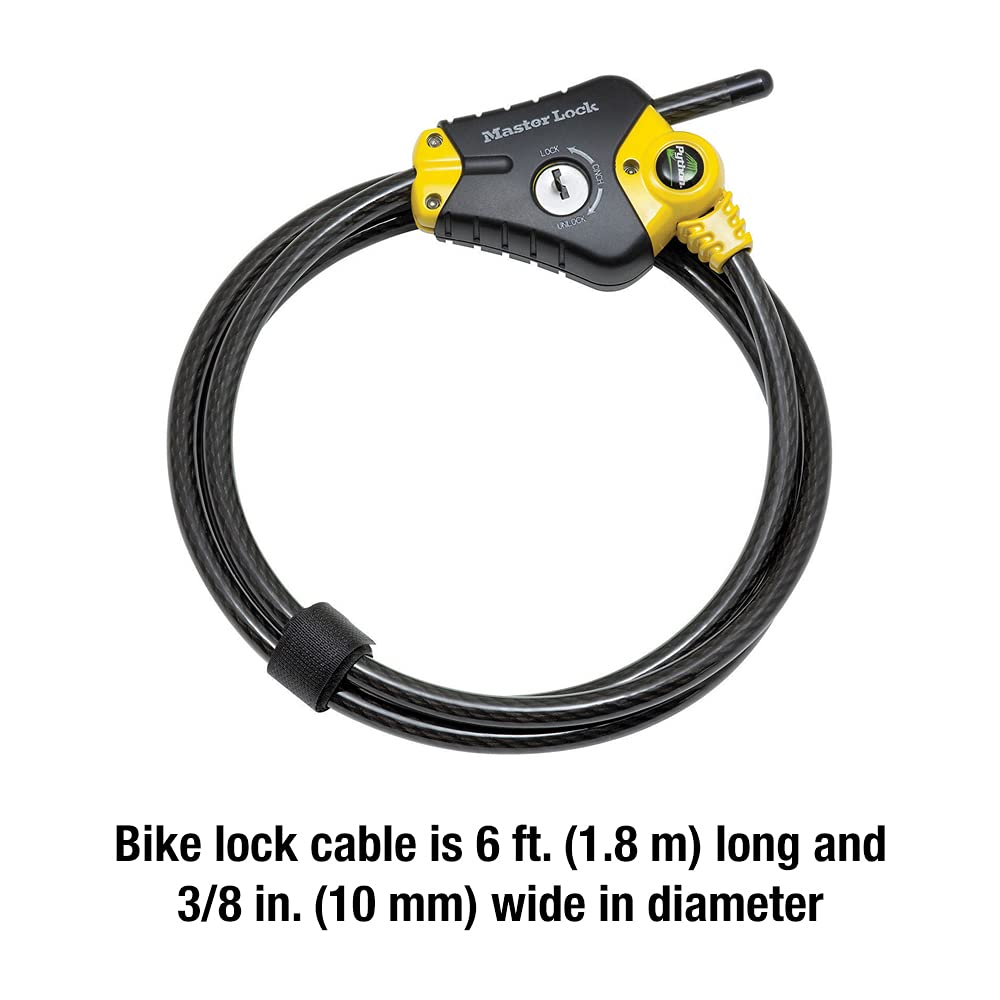 Weather-resistant vinyl-coated cable and lock for outdoor use with Master Lock.
