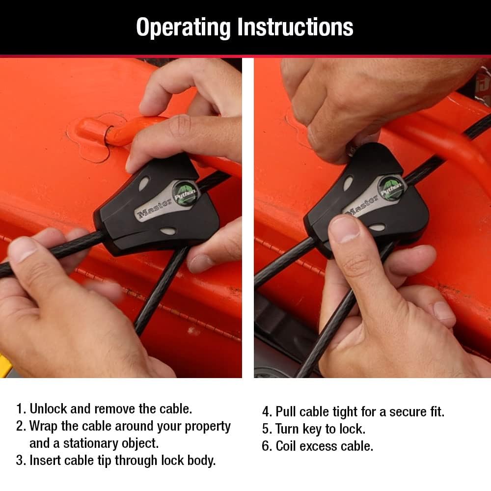 Weather-resistant design of Master Lock cable lock suited for bikes and outdoor gear.