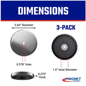 Master Magnetics round base magnet showing 0.275-inch central hole for hooks and fasteners.