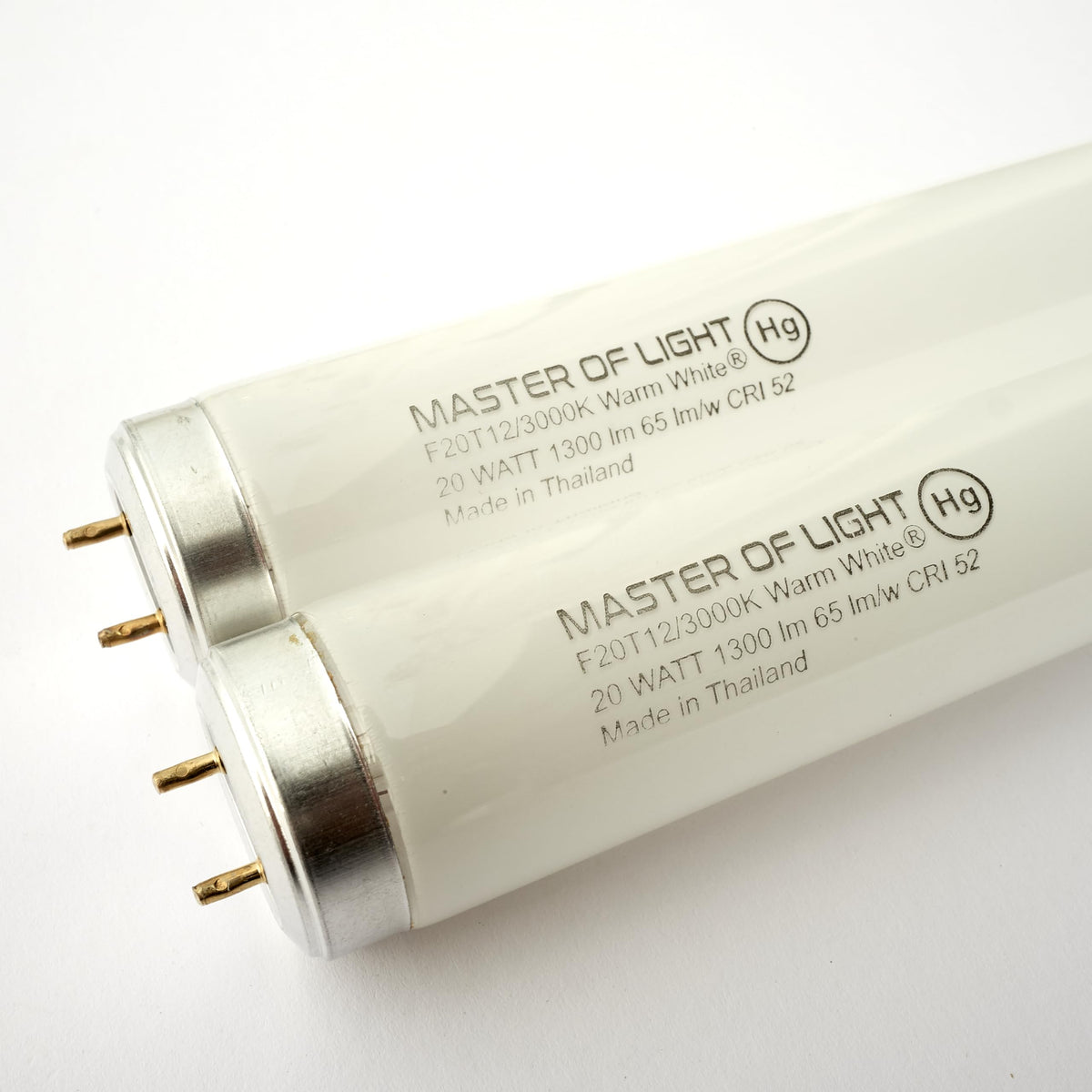 Master Of Light F20T12WW 2-pack side view highlights compact 24-inch length for easy replacements.