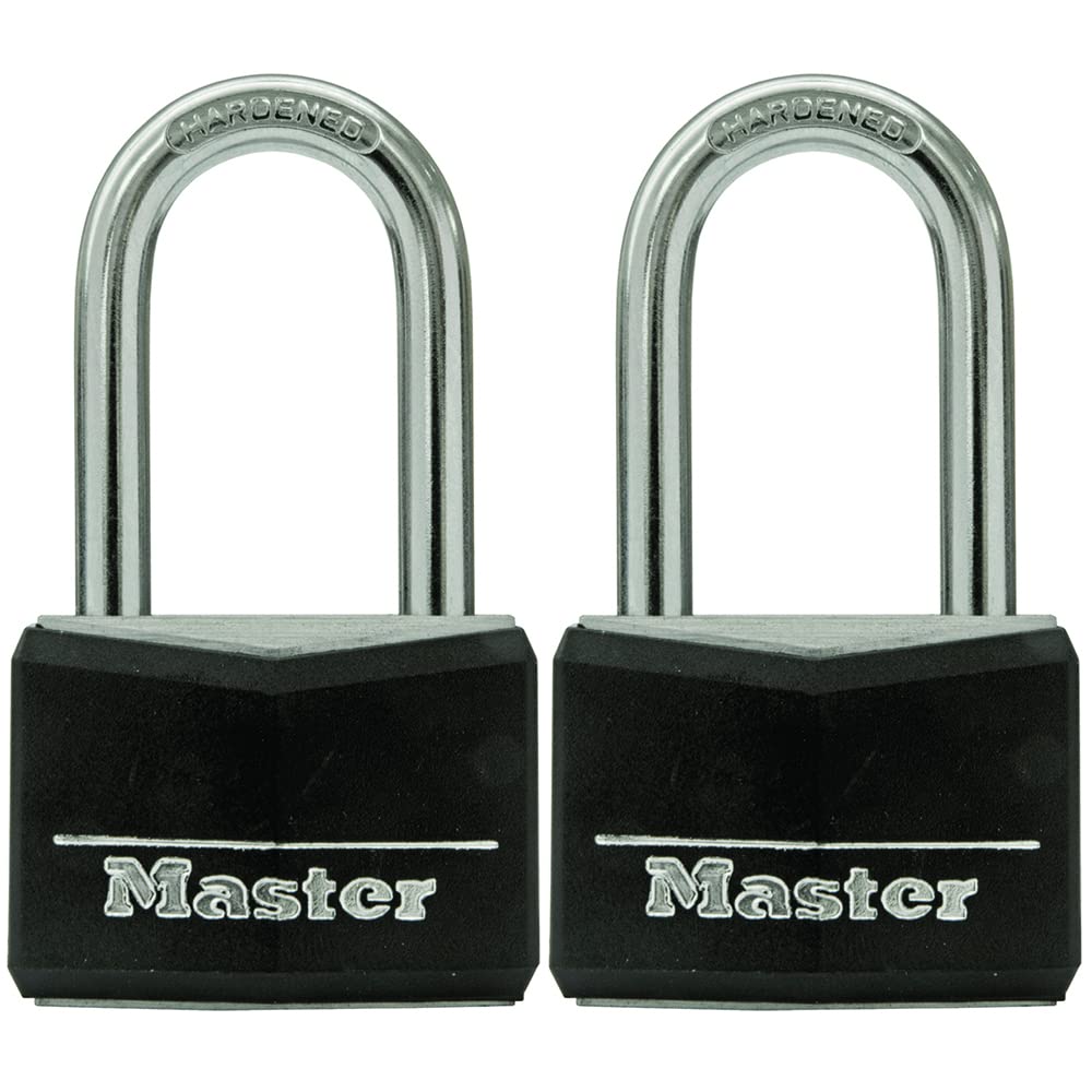 Master Lock 141TLF padlock with black vinyl body for outdoor security.