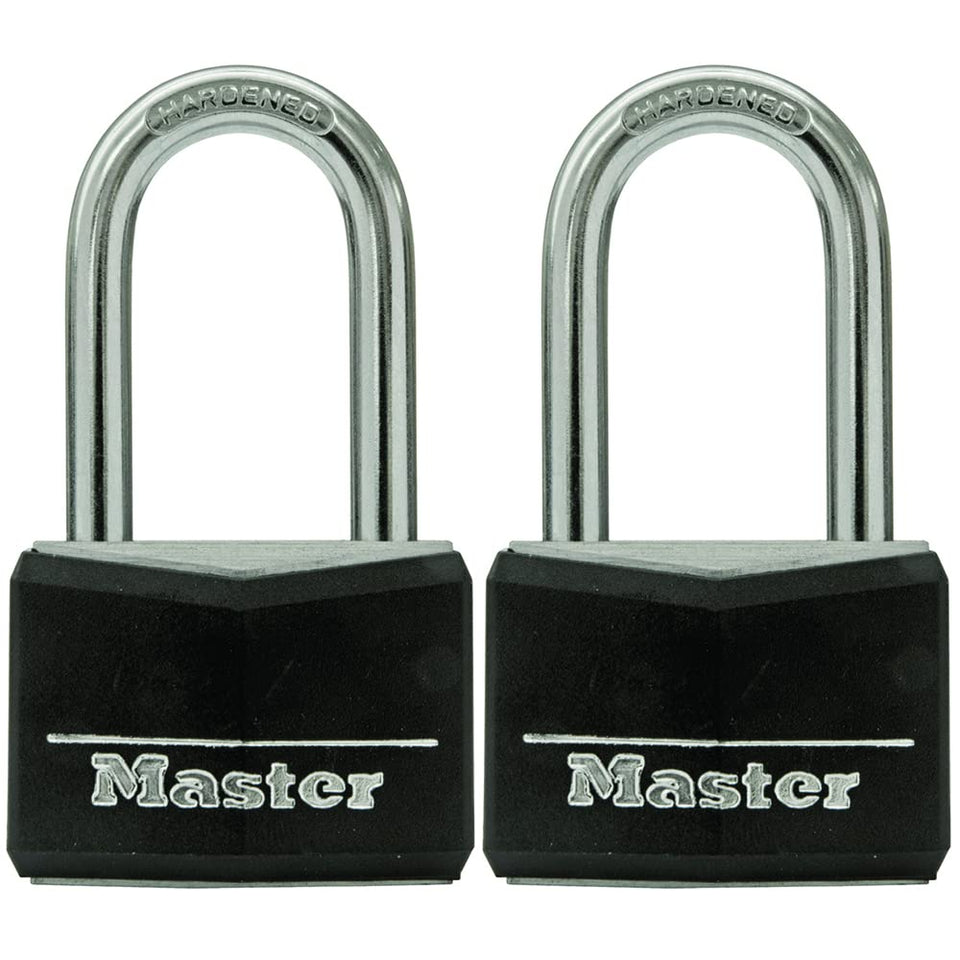 Master Lock 141TLF padlock with black vinyl body for outdoor security.