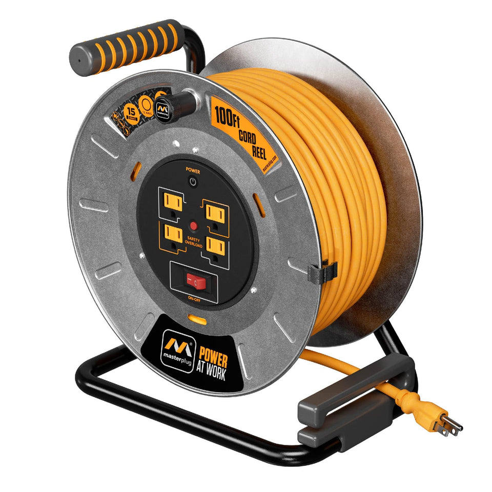 Masterplug 100ft cord reel with metal drum and winding handle for portable power.