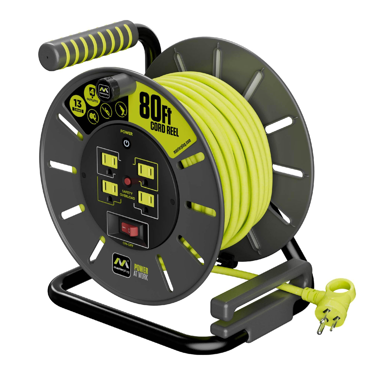 Masterplug 80ft cord reel with four outlets for versatile power access