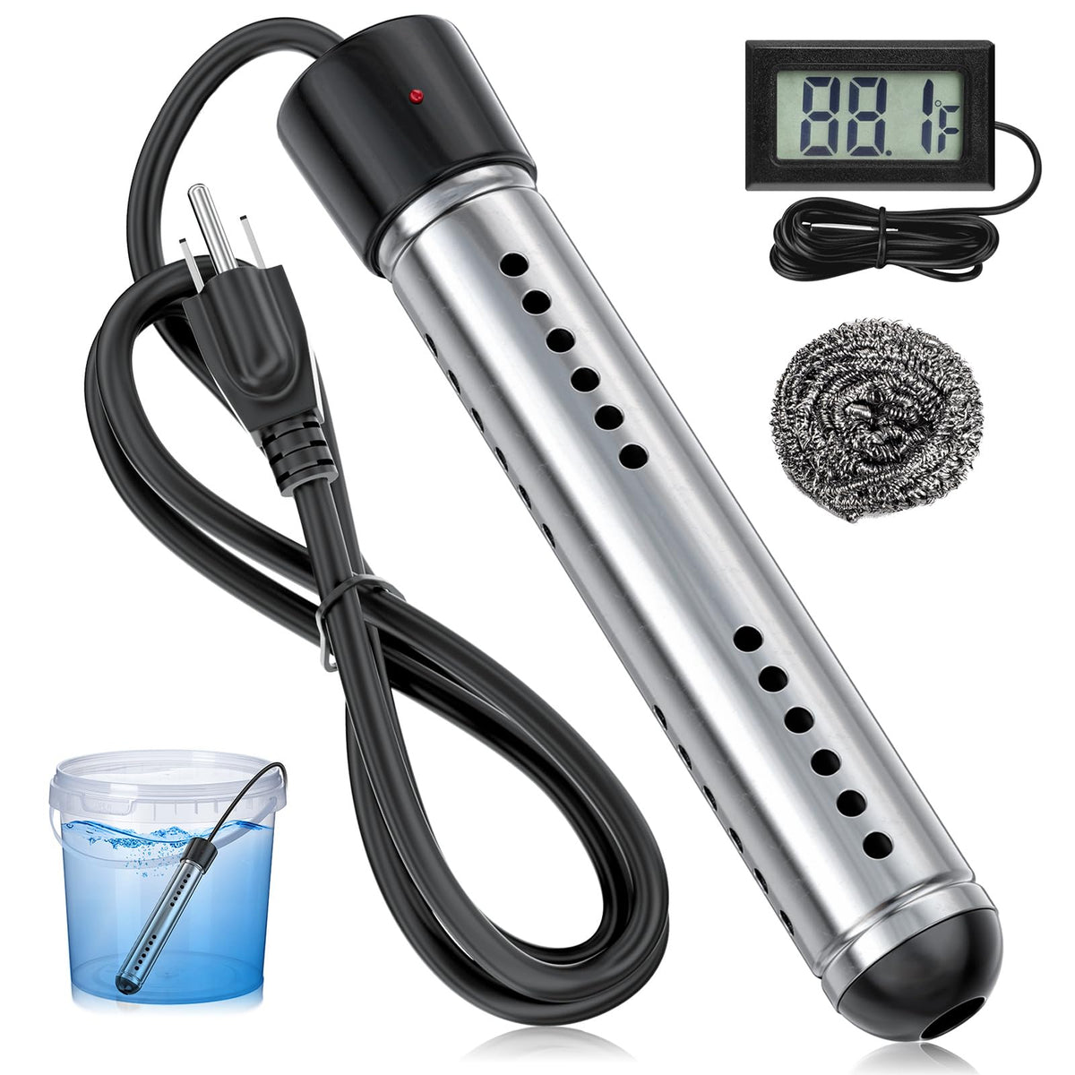 Mastwinsear immersion heater in bucket setup for quick hot water