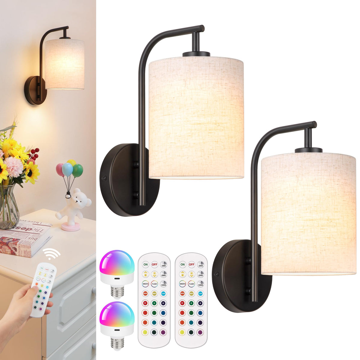 MATAMEYE battery wall sconce set 2 black front view highlights wireless easy installation