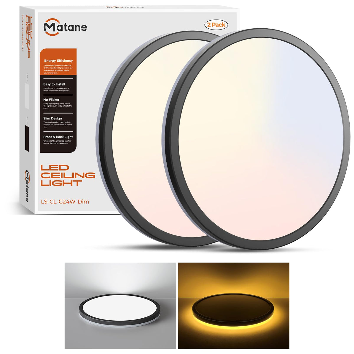 Matane 2Pack LED flush mount 12in front view showcasing sleek black finish for modern ceilings.