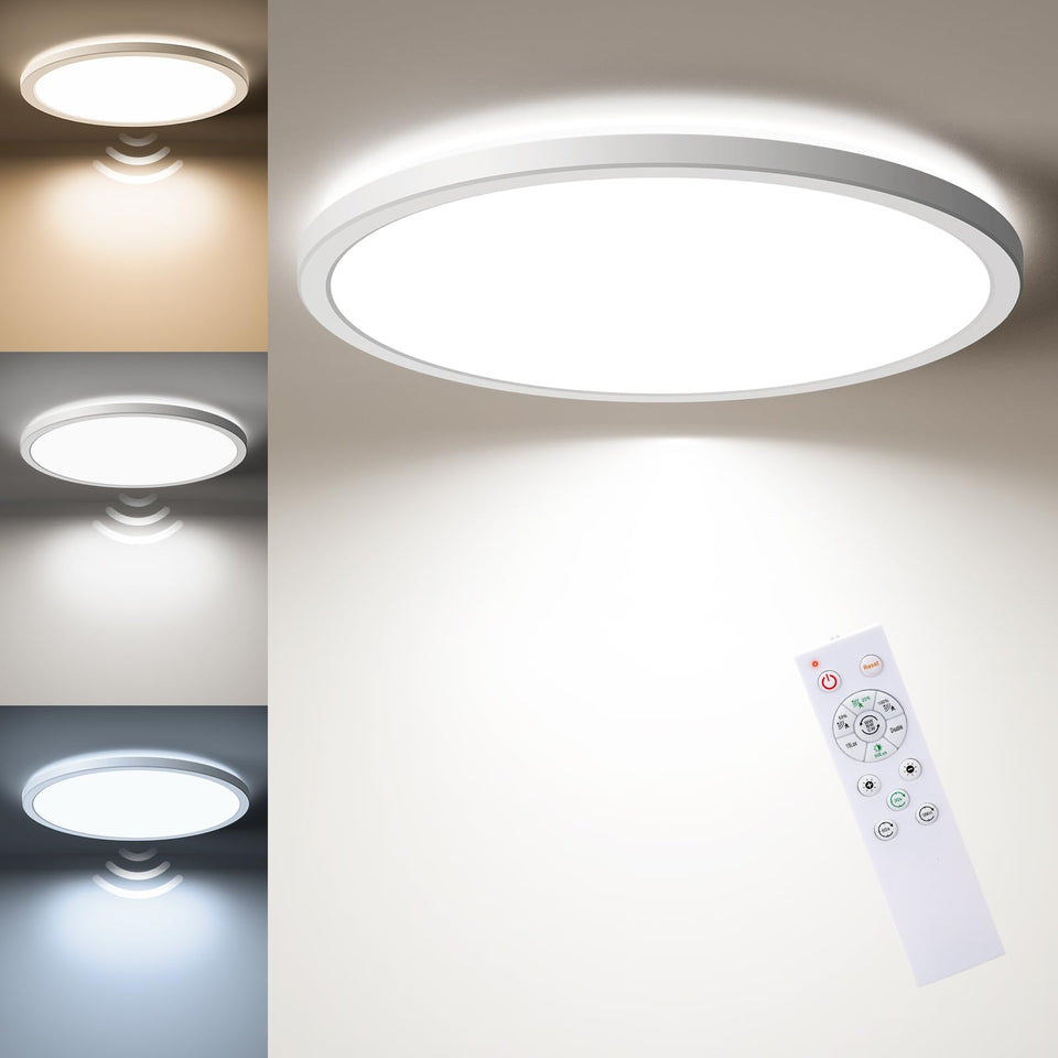 Matane motion sensor LED ceiling light with remote detects motion up to 20 feet for hands-free lighting.