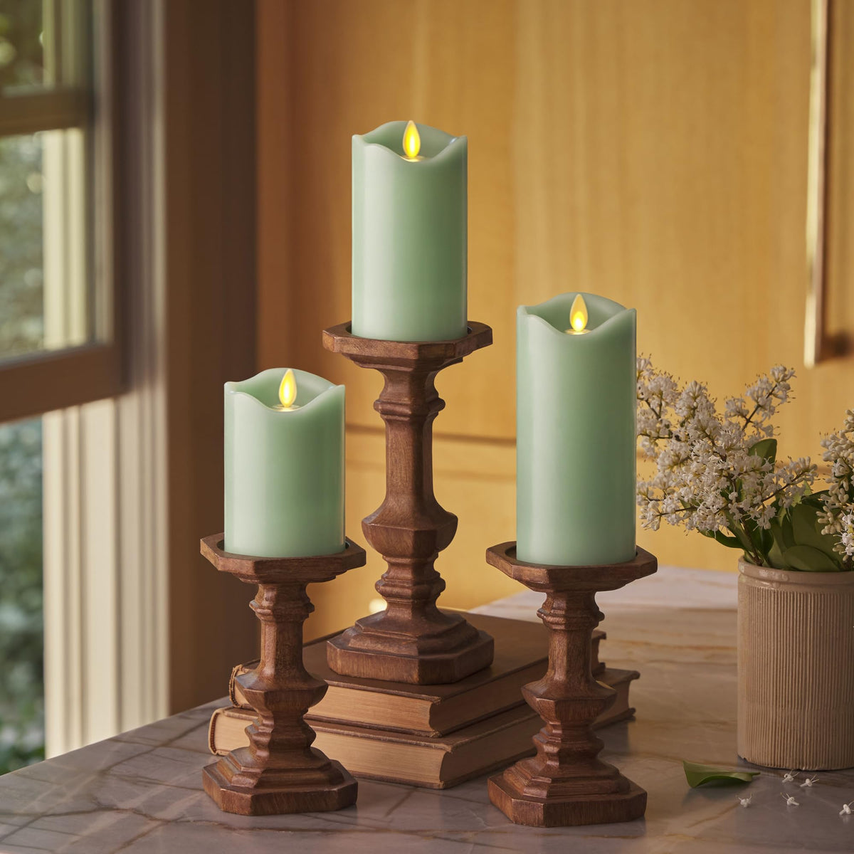 Matchless Candle Co. Luminara pastel-green pillar set with realistic flicker for cozy rooms.