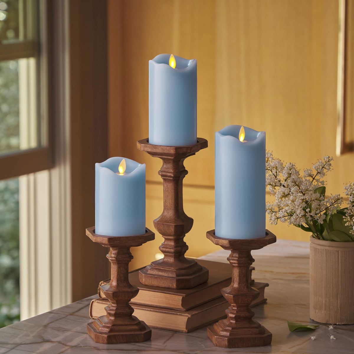 Matchless Candle Co. Luminara set3 candles together provide safe ambient lighting.