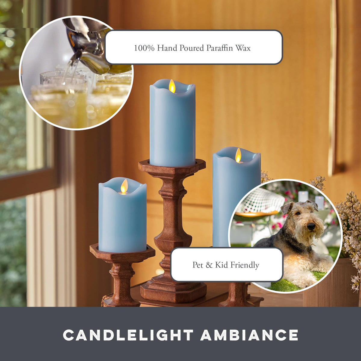 Matchless Candle Co. Luminara set3 melted-edge wax design adds a premium look.