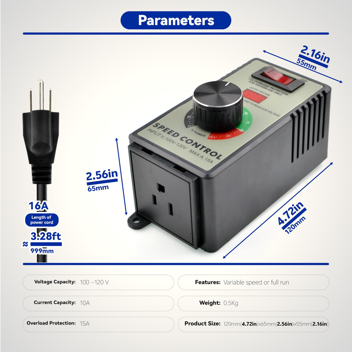 Matell precision potentiometer knob enables fine speed tuning.