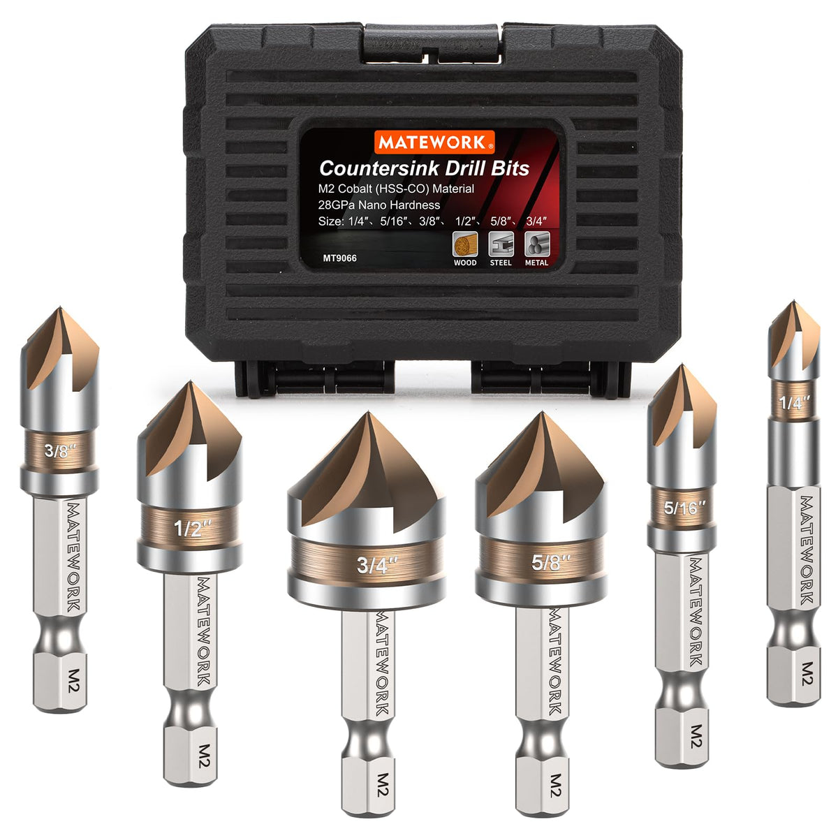 Matework countersink bit set in case for fast, accurate metal and wood work.