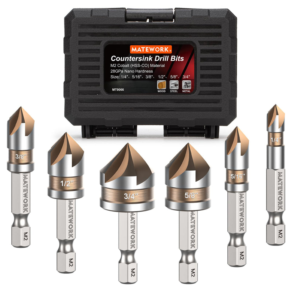 Matework countersink bit set in case for fast, accurate metal and wood work.