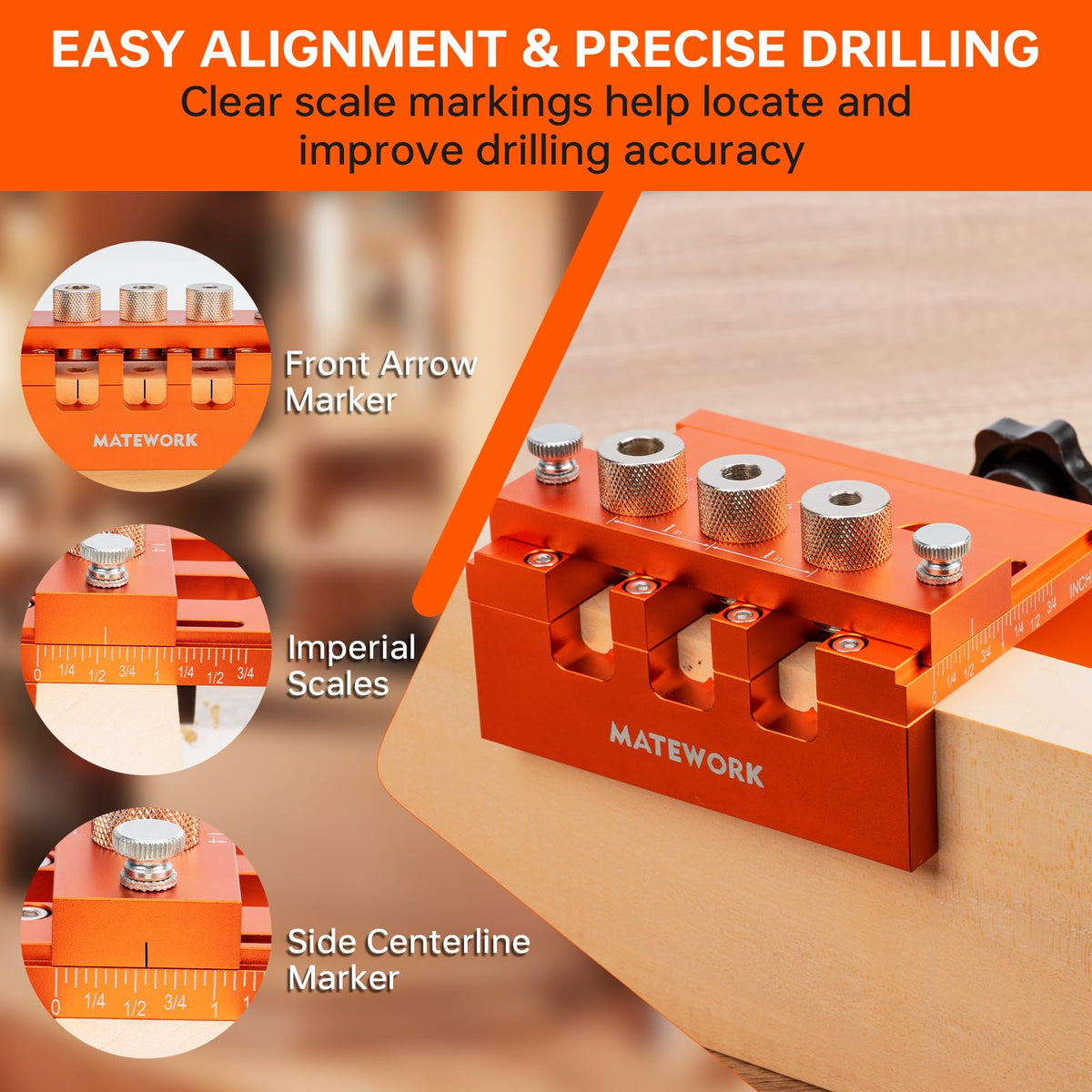 Matework Dowel Jig front marker showing center location for accuracy
